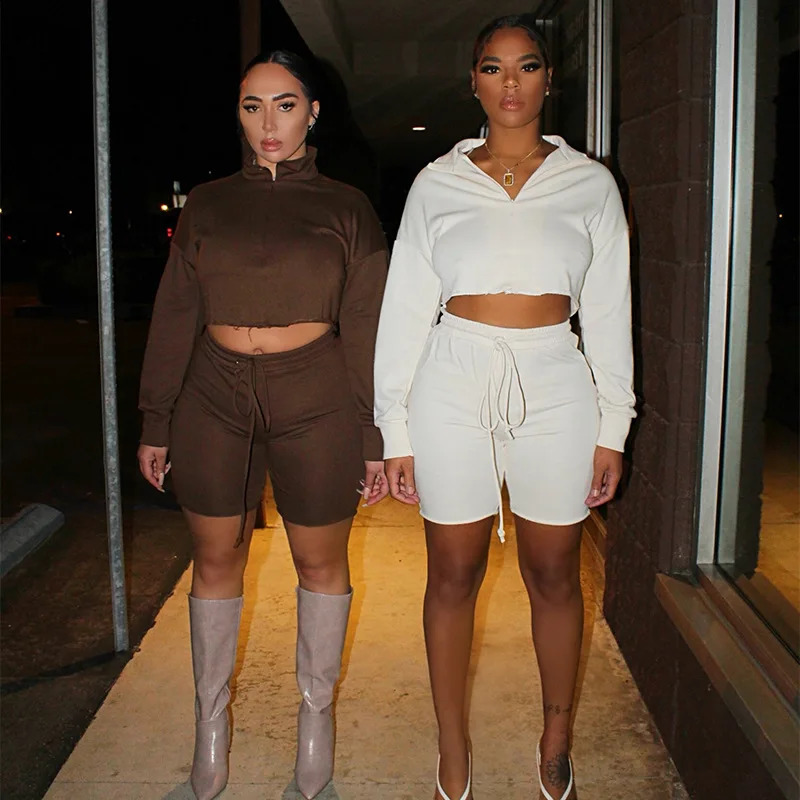 2 Pcs Women Solid Color Outfits Adults Casual Style Long Sleeve Stand Collar Crop Top Shorts with Drawstring Trouser Clothes 241010