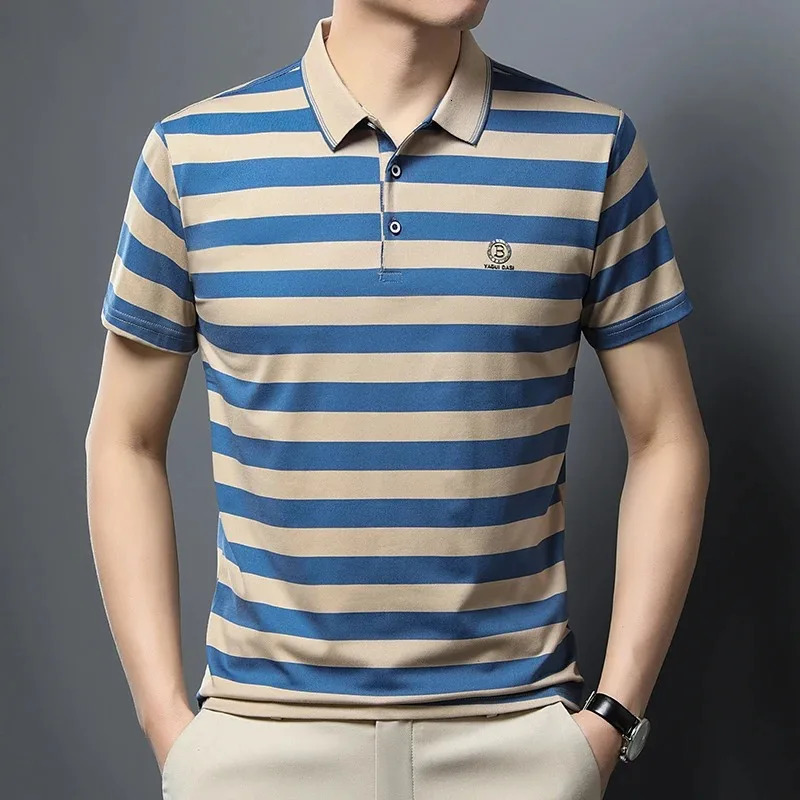 Summer Business Casual HighEnd Quality Short Sleeve Polo Shirt Stripe Lapel Tshir Trendy Top Fashion Men Clothing Shirts 241010