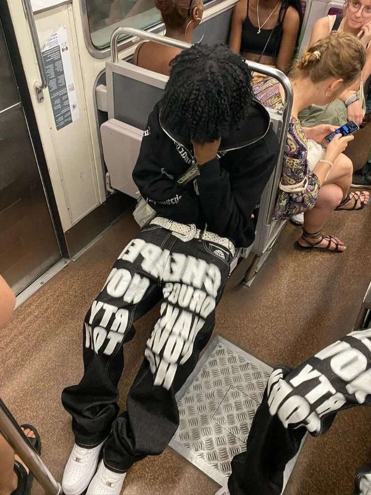 Fashionable punk letter printed black pants mens hip-hop trend Y2K jeans loose straight wide leg mens streetwear 241019