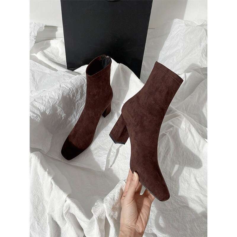Brown short women's high heels, autumn and winter new style, suede back zipper, French ankle boots, thick heel, elastic square toe, slim boots
