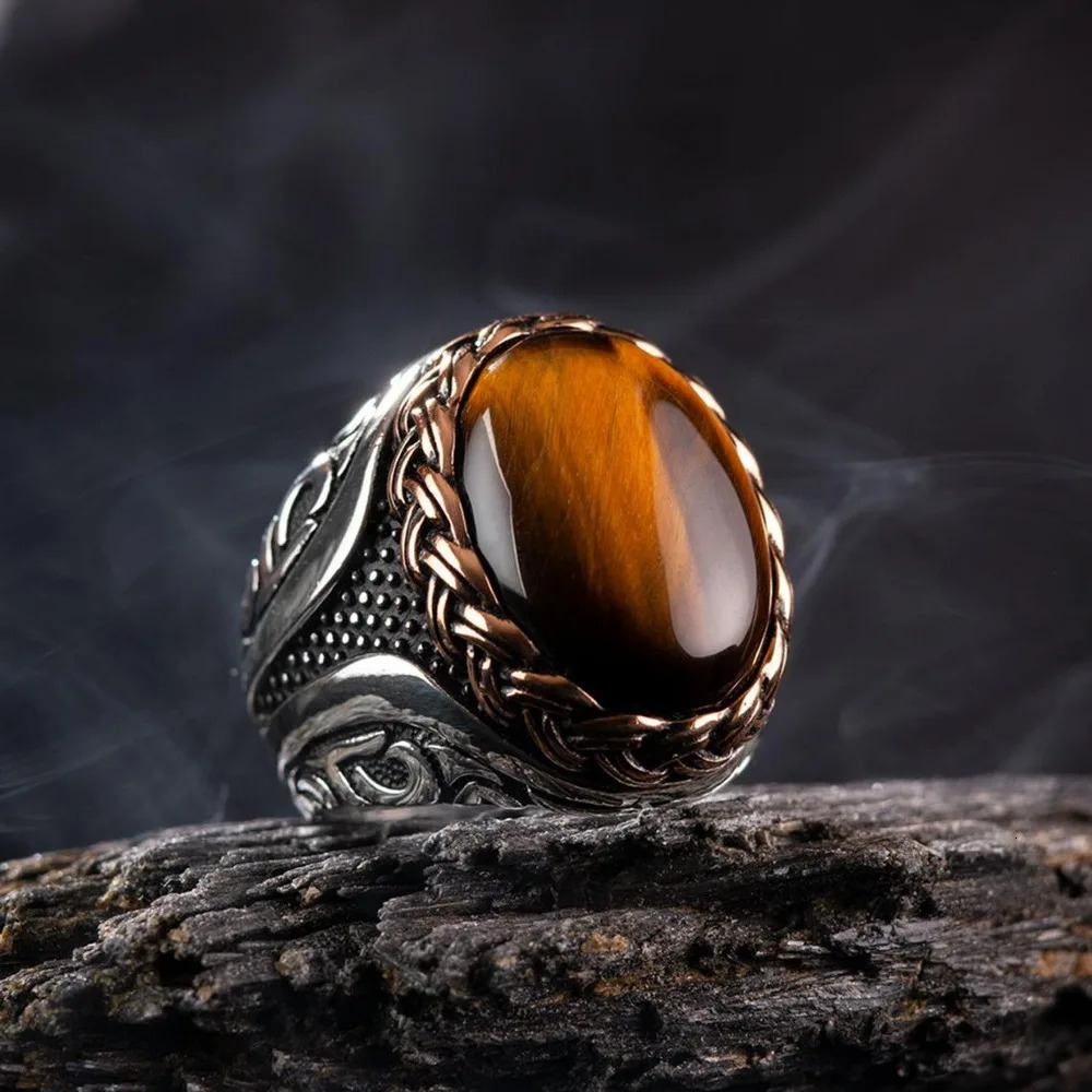 Simple Vintage Trend Brown Tiger Eye Stone Mens and Womens Rings Turkish Handmade Spiral Carved Party Niche Jewelry 241010