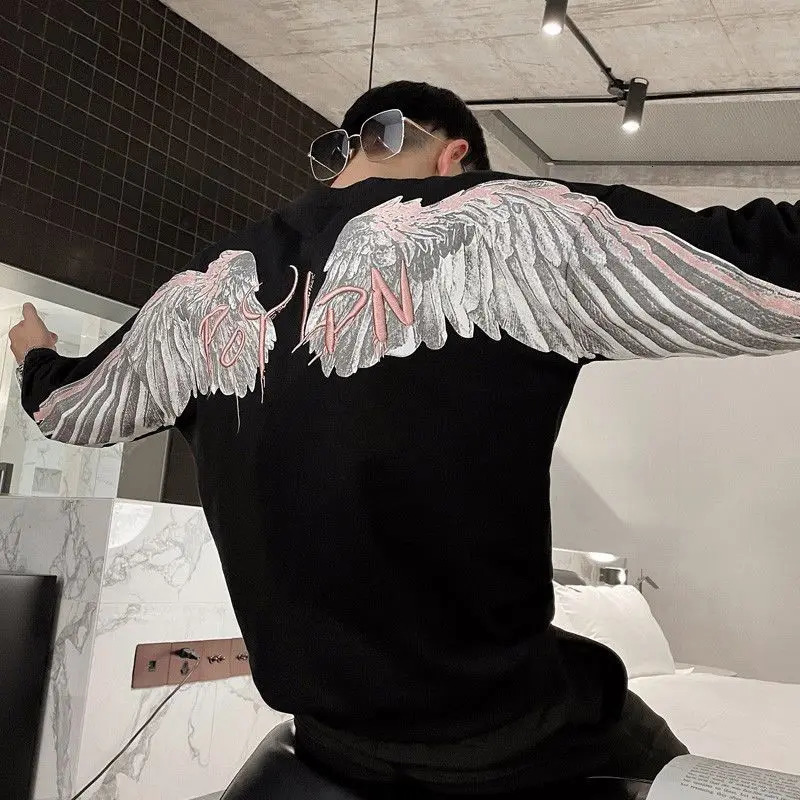 Y2k Pullover Harajuku Hip Hop Sweatshirt Loose Long Sleeve Mens Top Oversized Wings Printed Jacket Cotton Street Wear Mens 241019