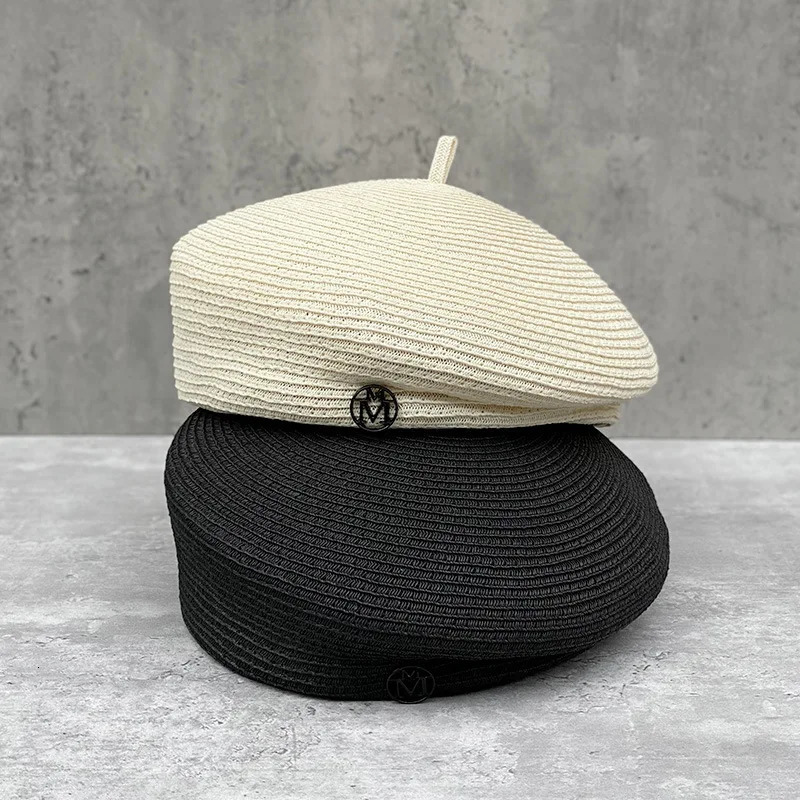 Fashionable summer celebrity elegant three-dimensional fine straw Fedoras letter beret womens travel retro casual painter hat wholesale 241019