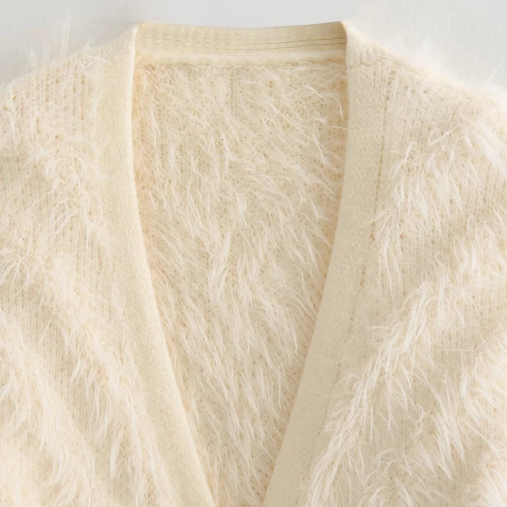 Aoaiys Knitted Open Knitted Woolen Sweater Womens V-neck Sweater Autumn Winter Pearl Single breasted Coat Fashion Long Sleeve Loose Unique Coat 241019