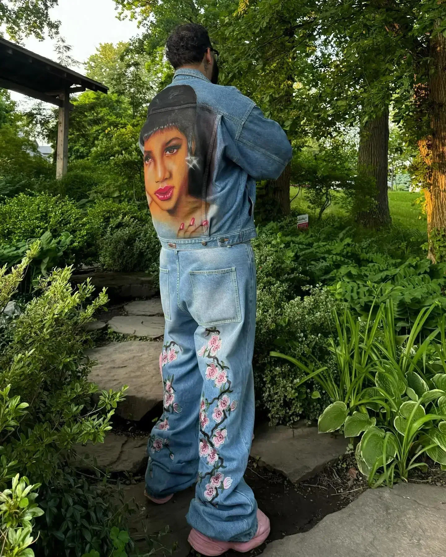 Y2K bagged cherry blossom print pattern jeans Harajuku retro hip-hop streetwear mens Gothic casual wide leg pants 241019