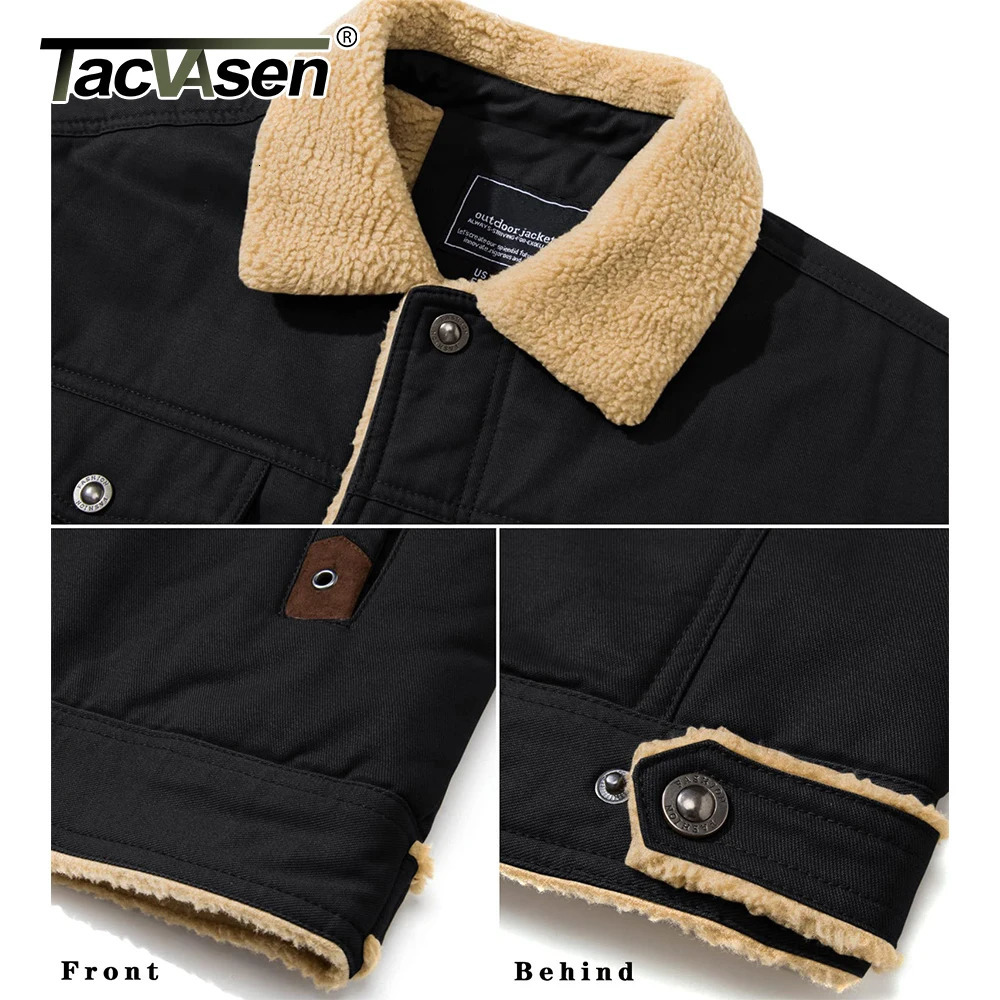 Tacasen Mens Winter Sherpa Wool Lined Jacket Flip Collar Work Cargo Truck Driver Jacket Multi Pocket Soft Warm Jacket 241007