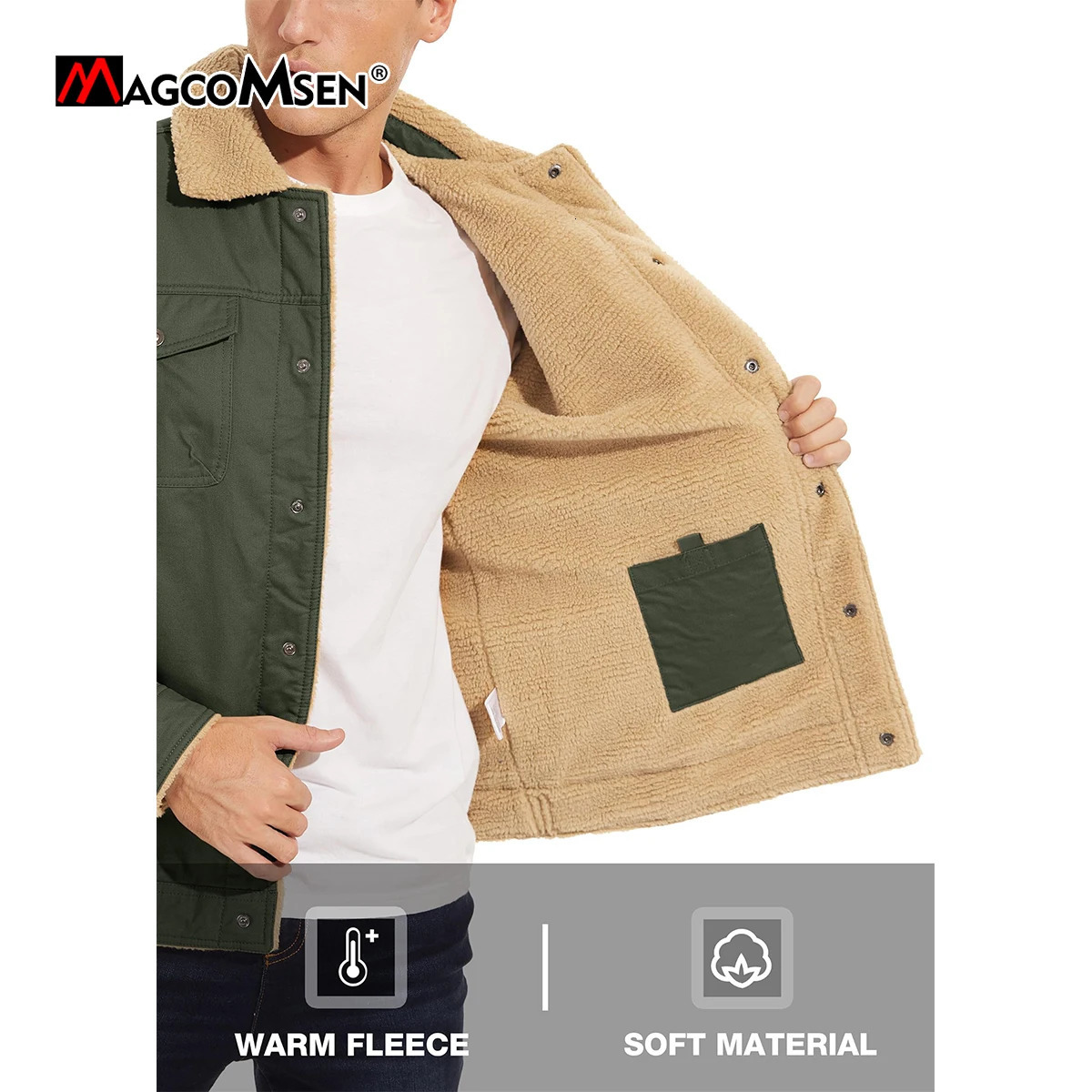 MAGCOMSEN Mens Winter Jacket Series Sherpa Jacket Warm Truck Jacket Multi Pocket Cargo Collar Park Work Jacket 241007