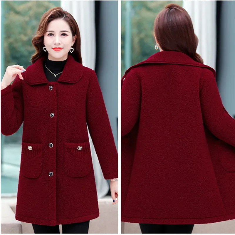Middle aged mother artificial cashmere coat autumn and winter loose long sleeved coat solid womens jacket Parkas casual top 241019