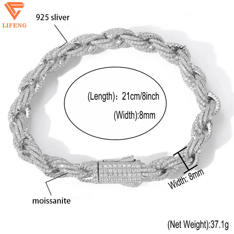 Fashion Jewelry 8mm Gold Plated 925 Sliver Moissanite Cuban Link Chain Rope Chain Necklace for Women Men