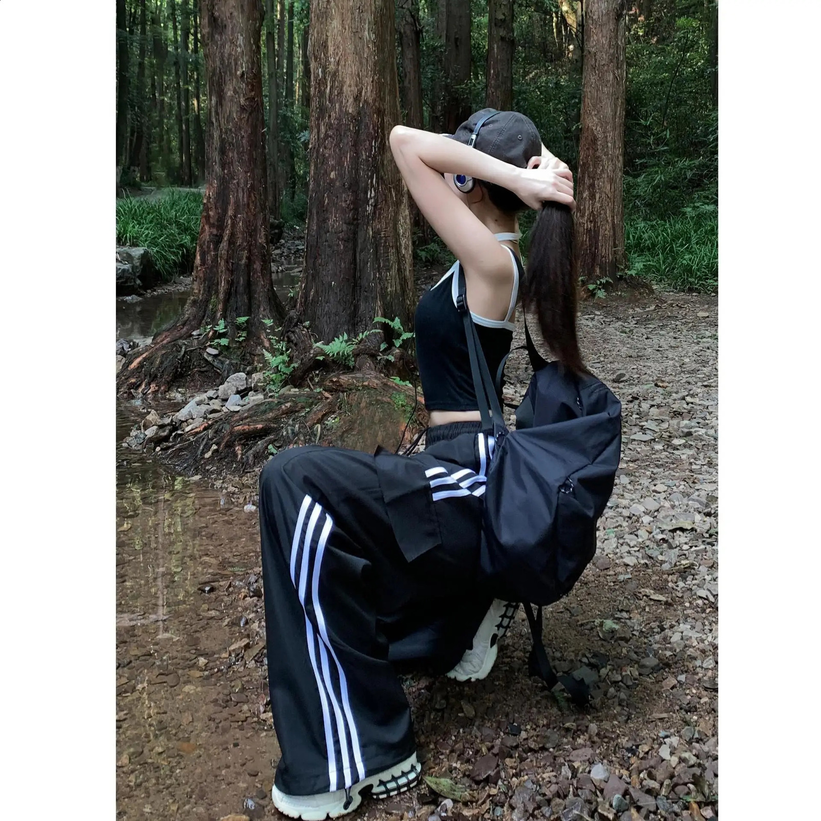 Striped Sweatpants autumn Women Hip Hop Streetwear Baggy Wide Leg Cargo Pants Bf Y2K High Waist Drawstring Joggers Trousers 241019