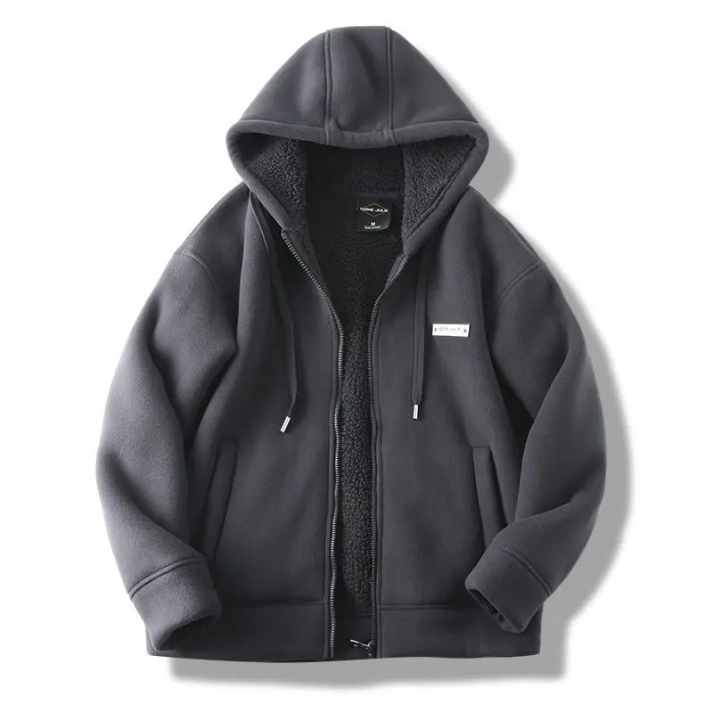 Fashionable heavyweight polar wool jacket Korean winter mens velvet thick Sherpa hooded jacket thick coat 241007