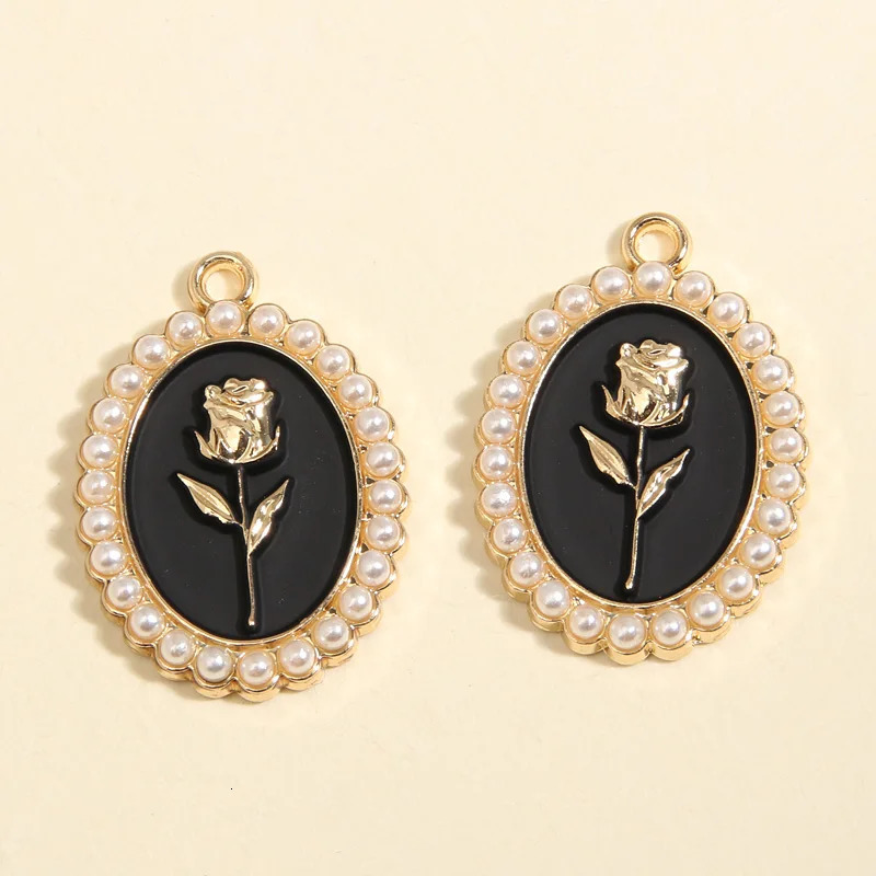 5pcs Gold Color 28x20mm Beautiful Enamel Rose Flower Charms Pearl Pendant For DIY Handmade Necklaces Jewelry Making Accessories 241010