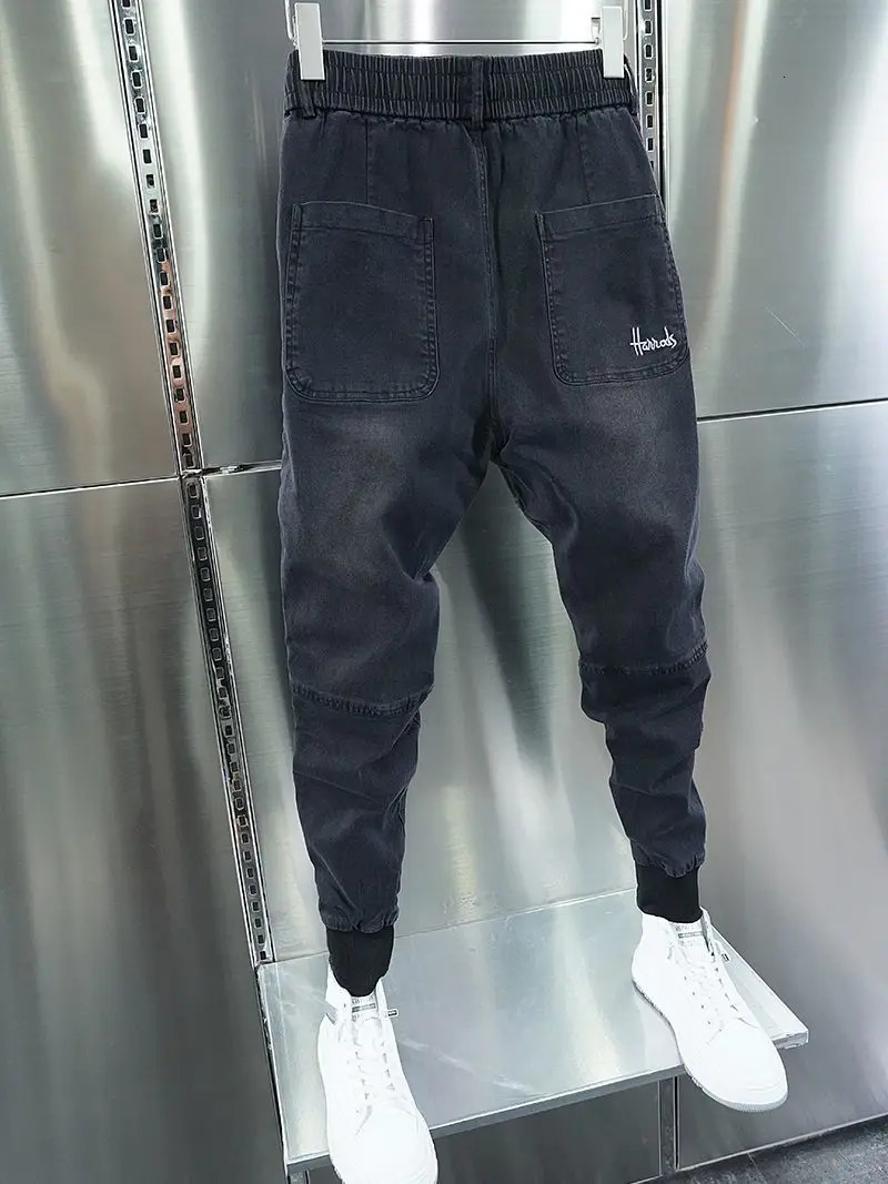 Mens Italian Jeans Black Grey Stretchy Tapered Harem Pants and Embroidered Elastic Waist Casual Trousers 241009