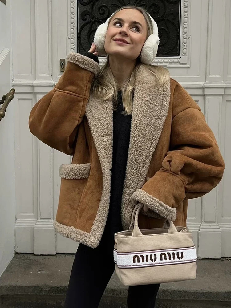 Winter womens suede sheepskin coat womens warm coat sheepskin loose casual Korean fashion chic coat 241007