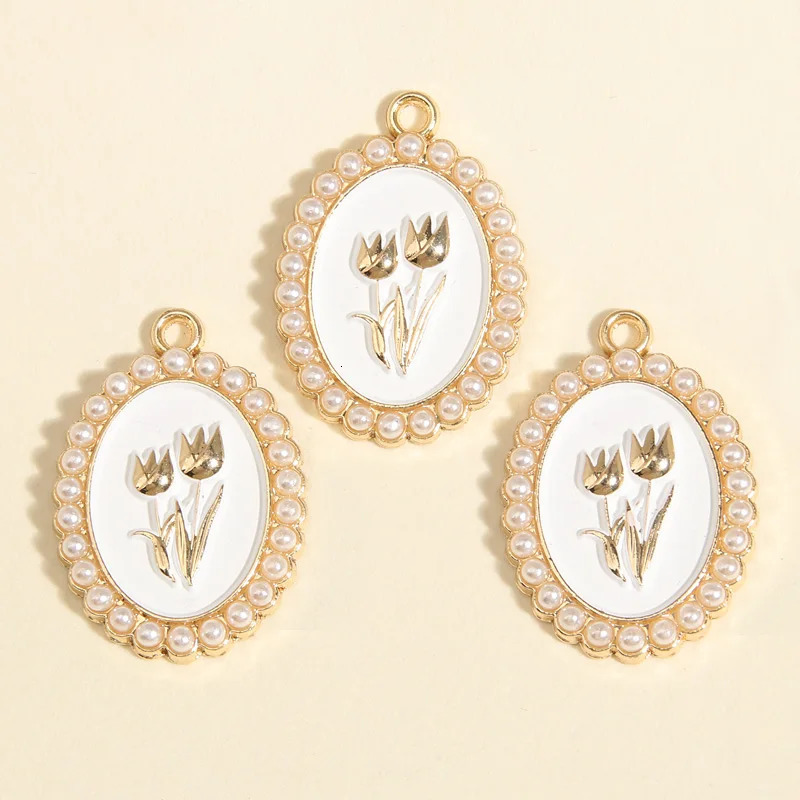 5pcs Gold Color 28x20mm Beautiful Enamel Rose Flower Charms Pearl Pendant For DIY Handmade Necklaces Jewelry Making Accessories 241010