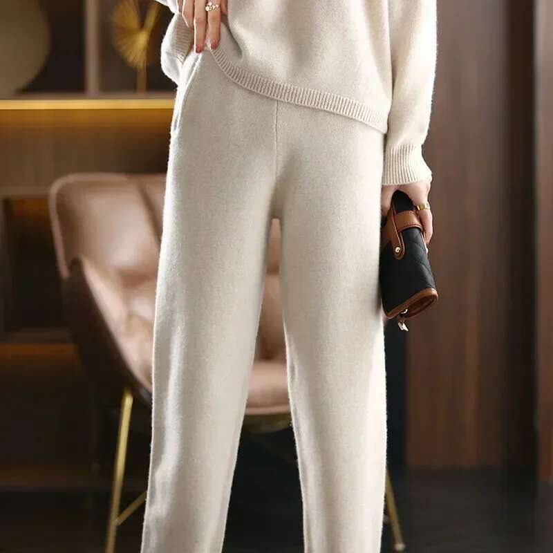 Winter New Cashmere Women Loose Lapel Sweater Temperament Casual Wide-Leg Pants Knitted Pure Wool Two-Piece Suit Zl982