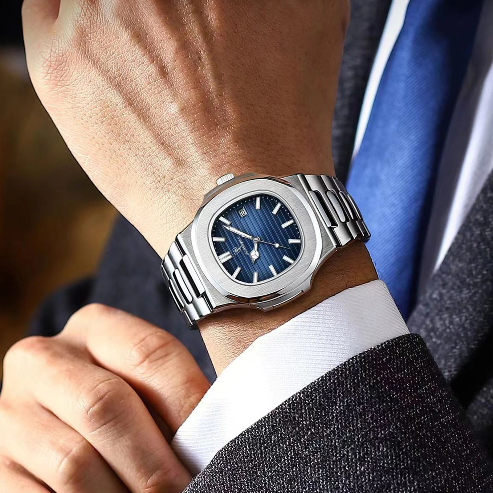 POEDAGAR watch business waterproof mens watch luminous date stainless steel square quartz mens watch reloj hombre 241019