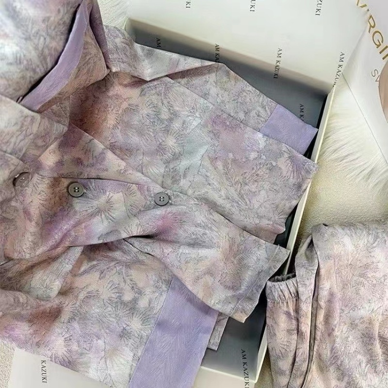 2025 WERS diagonal trend print elegant women s Pamas two piece set long women s lounge imitation silk new Y k home clothes