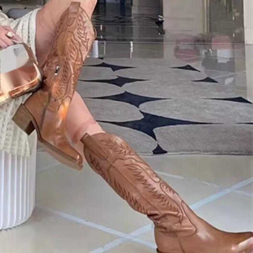 Fashion Boots Western High-heeled Cowboy Boots Female Knight Boots Pointed Brown Thick Heel Ankle Boots Long Boots 241008