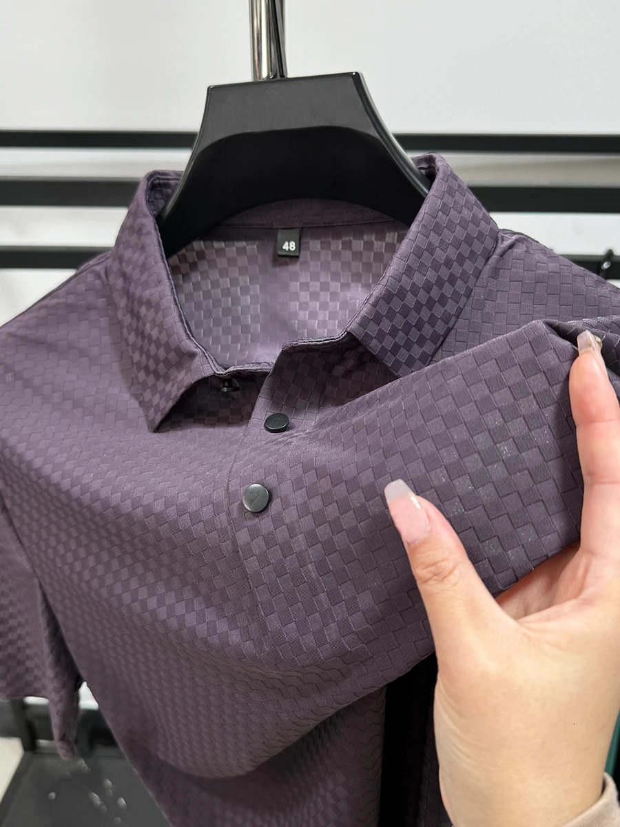 Trendy Summer Mens Shortsleeved POLO Shirt Ice Silk Breathable and Cool Quality Plaid Lapel Business Casual Korean Top Tshirt 241009