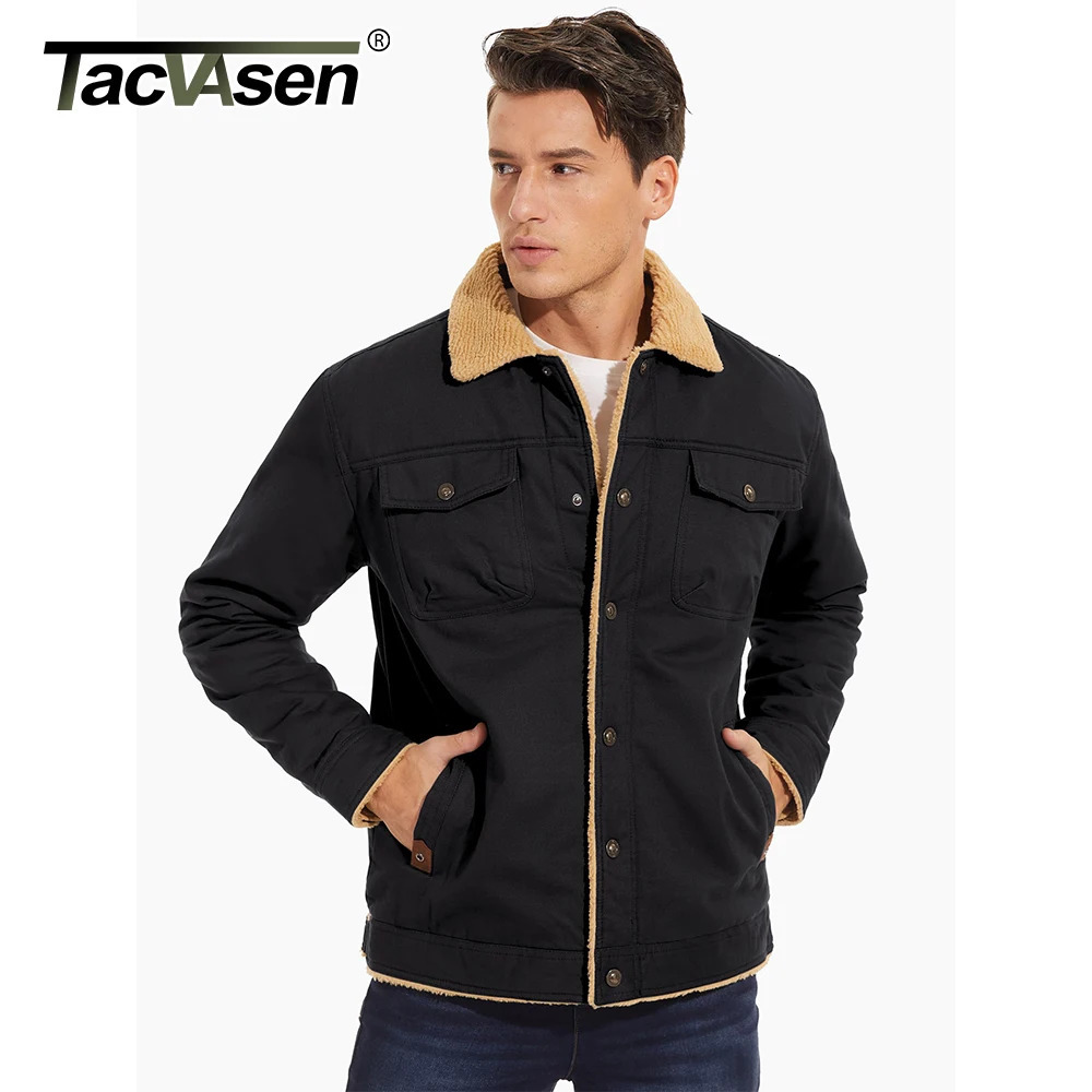 Tacasen Mens Winter Sherpa Wool Lined Jacket Flip Collar Work Cargo Truck Driver Jacket Multi Pocket Soft Warm Jacket 241007