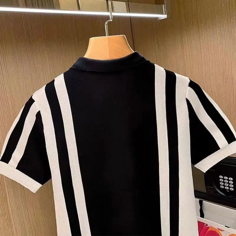 Summer Mens Knitting polos Shirt Men Turndown Collar Button Fashion Color Stripe Tops Knit Casual Tshirts 241010
