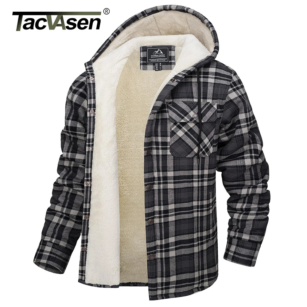 TACVASEN thick warm flannel hooded jacket mens Sherpa wool lining winter coat button casual plain jacket with 5 pockets 241007