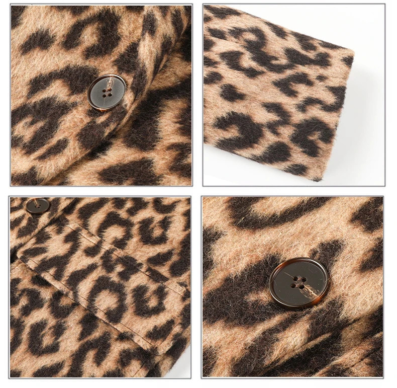 Spring Womens Wool Coat Classic Leopard Pattern Loose Style Long Sleeve Womens Fashion Long Coat Casaco Feminino 241019
