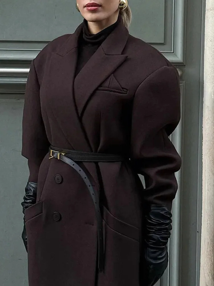 2024 Autumn Winter Streetwear Wool Blends Elegant Fashion Woolen Double Breasted Lapel Overcoat Women Long Sleeve Coats 241010