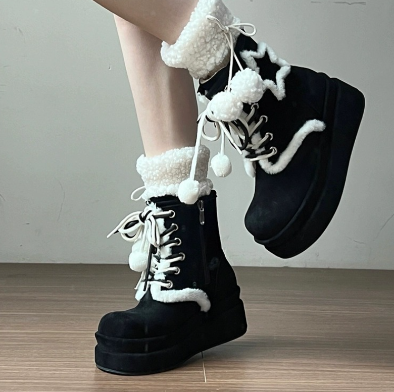 Women's 2024 Winter Fleece Star Print Fashion Boots: Warm, Trendy, Versatile, Thick Sole, Height Increase, Khaki e7d9