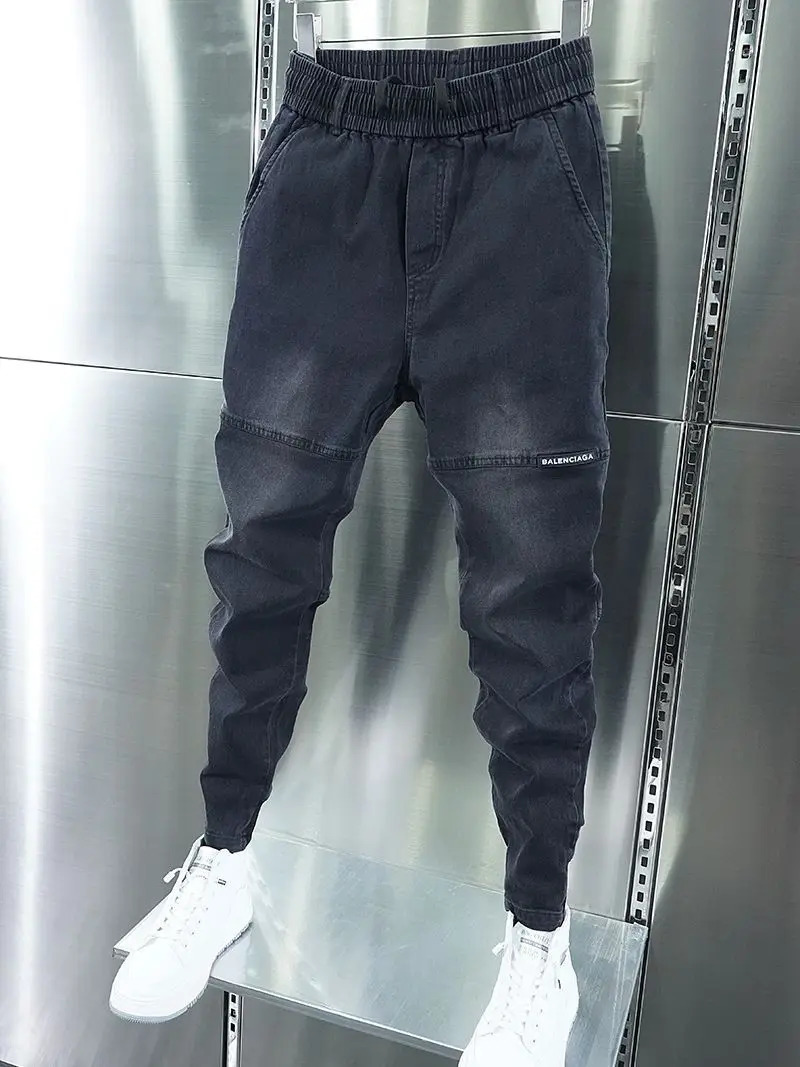 Mens Italian Jeans Black Grey Stretchy Tapered Harem Pants and Embroidered Elastic Waist Casual Trousers 241009