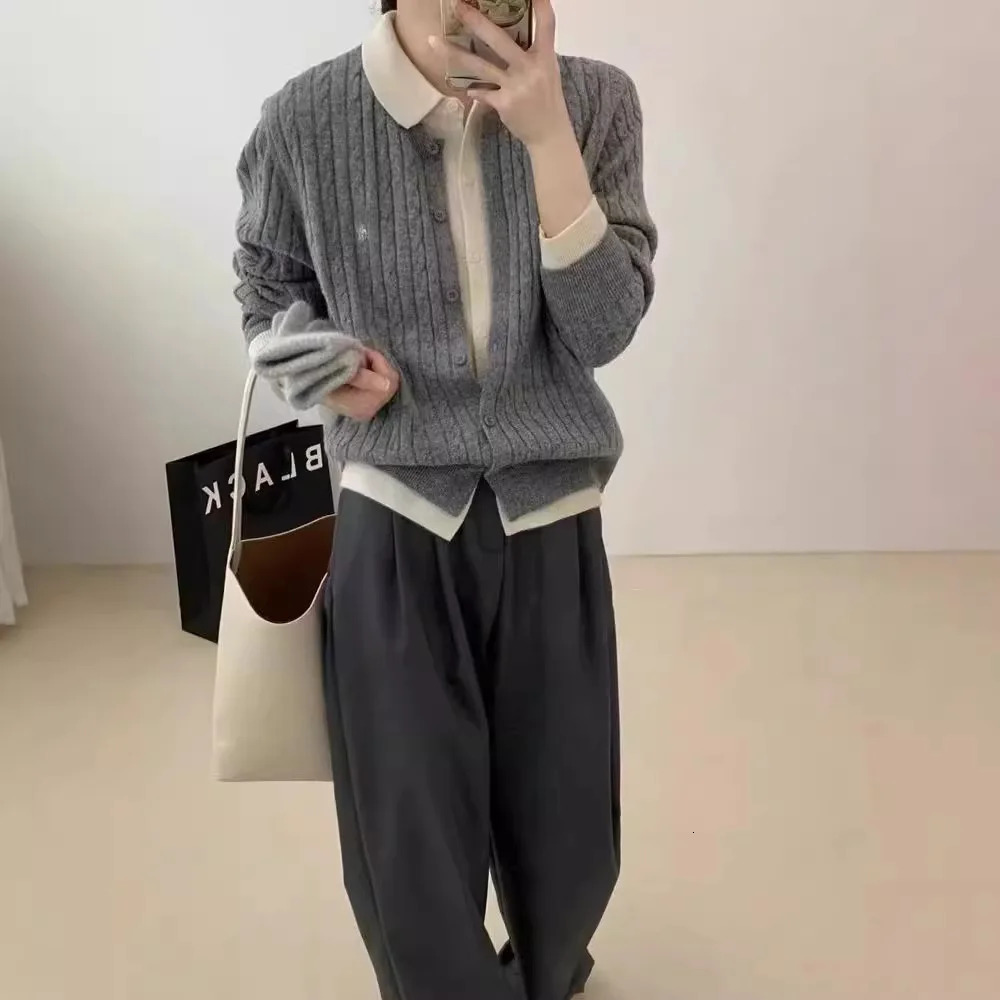 Comparative color lapel sweater womens clothing autumn Korean fashion two-piece knitted cardigan womens sweater 241019