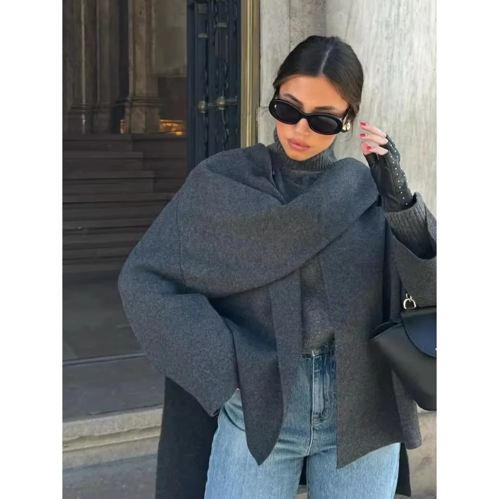 Women Fashion Scarf Decorated Woolen Jacket Casual Solid Long Sleeve Loose Warm Overcoat Autumn Winter Lady Chic Coat 241010