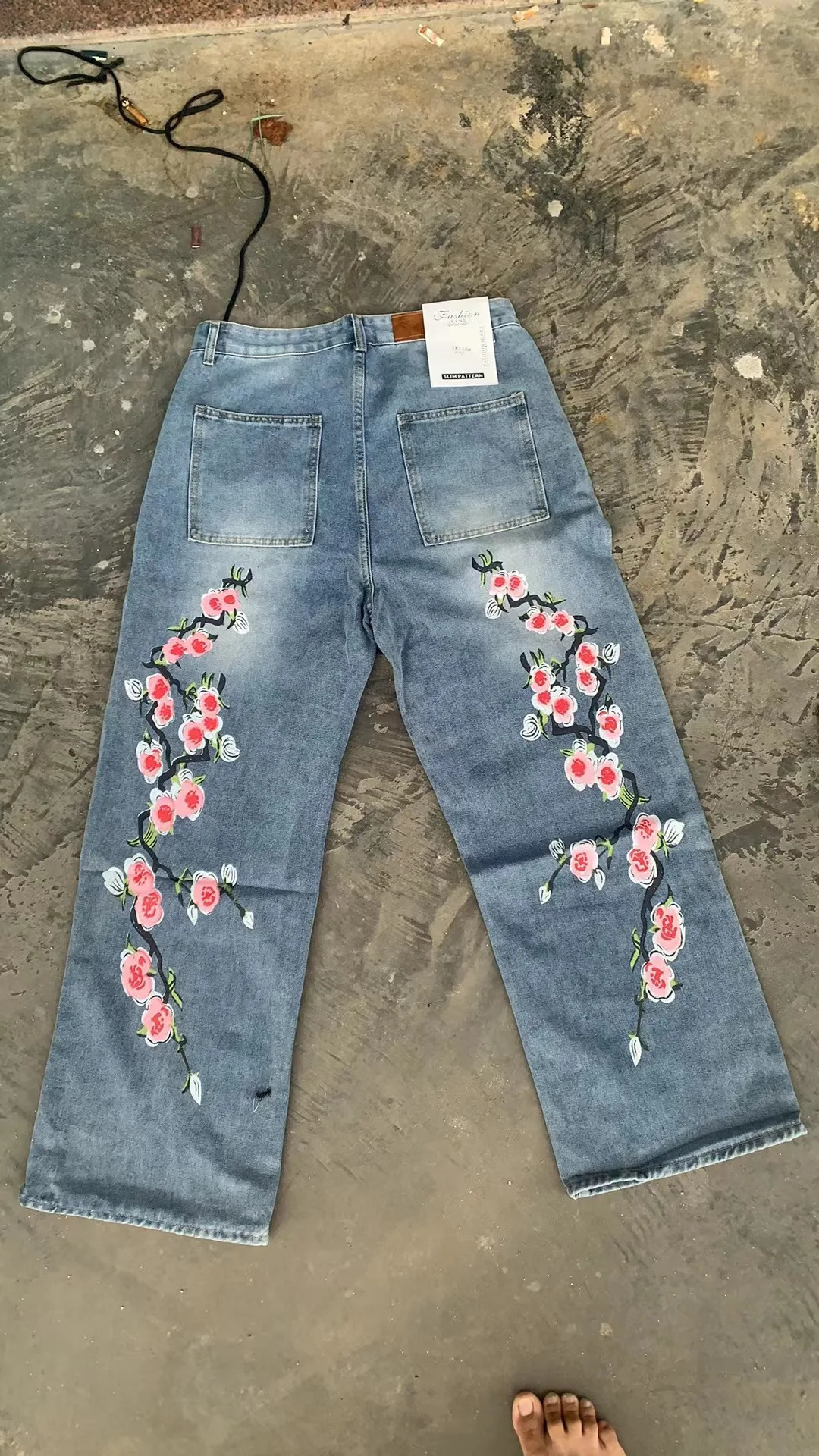 Y2K bagged cherry blossom print pattern jeans Harajuku retro hip-hop streetwear mens Gothic casual wide leg pants 241019