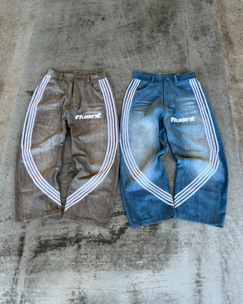 High Street Fashion Washed Letter Striped Jeans Mens Y2k Harajuku Retro High Waist Oversized Wide Leg Pants Womens 241019