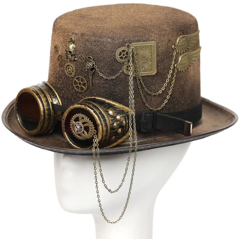 Steam punk mens hat with goggles gay top hat jazz hat gothic steam punk mens anti slip hat carnival nightclub 241019