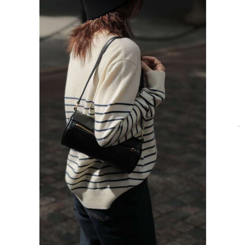 Vintage Commuter Stripe Round Neck Cashmere For Women Spring And Autumn Loose Jumper Temperament Wool Base Sweater