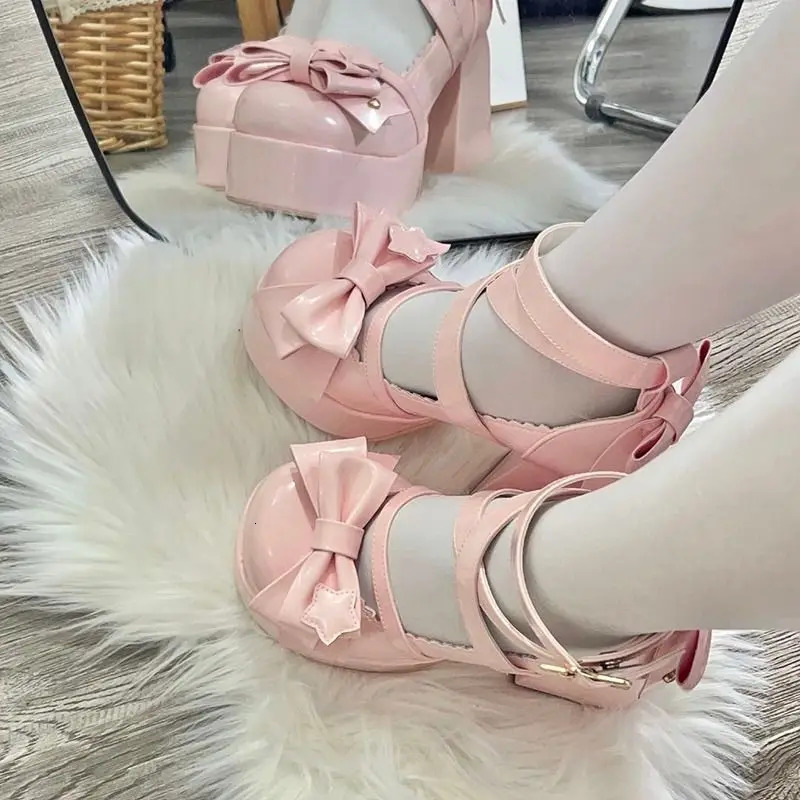 Lolita shoes womens high heels womens thick sandals summer Mary Janes PU leather shoes retro bow party platform pump 241019