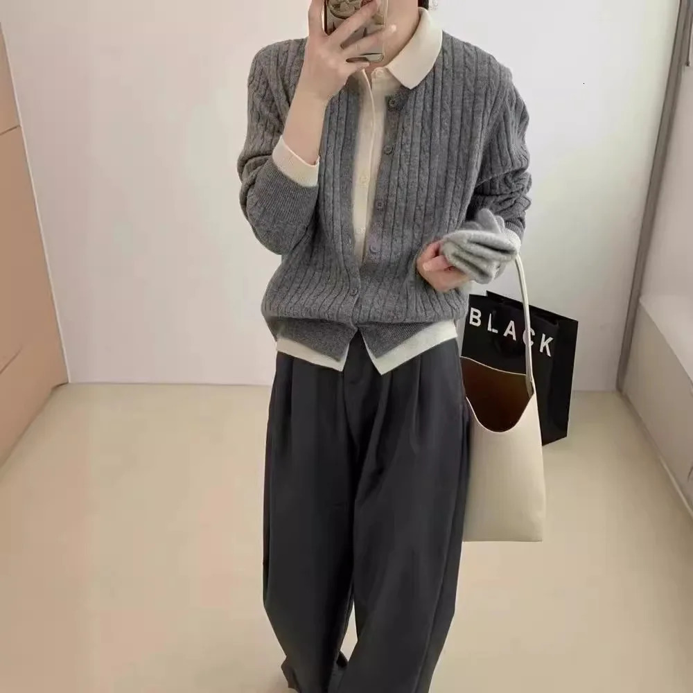 Comparative color lapel sweater womens clothing autumn Korean fashion two-piece knitted cardigan womens sweater 241019