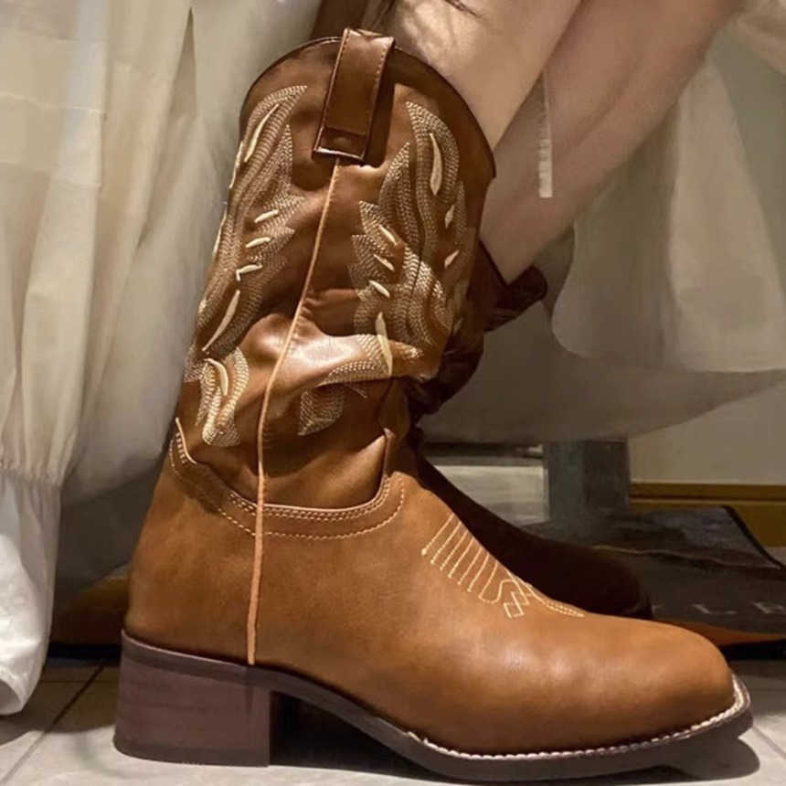 Fashion Boots Versatile Western Cowboy Boots Summer Thick Heel Ankle Boots Embroidered Sleeve Knight Boots Midsole Square Toe Martin Boots 241008