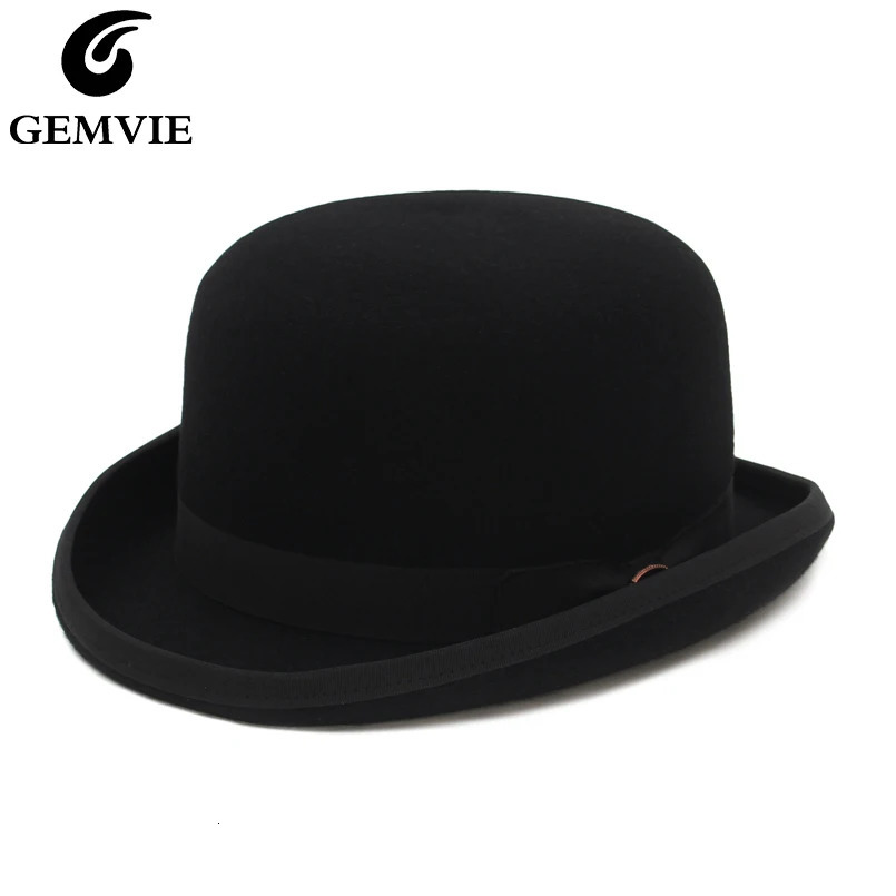 GEMVIE 100% wool felt derby mens bowling hat satin line fashion party official Fedora clothing magic hat 241019