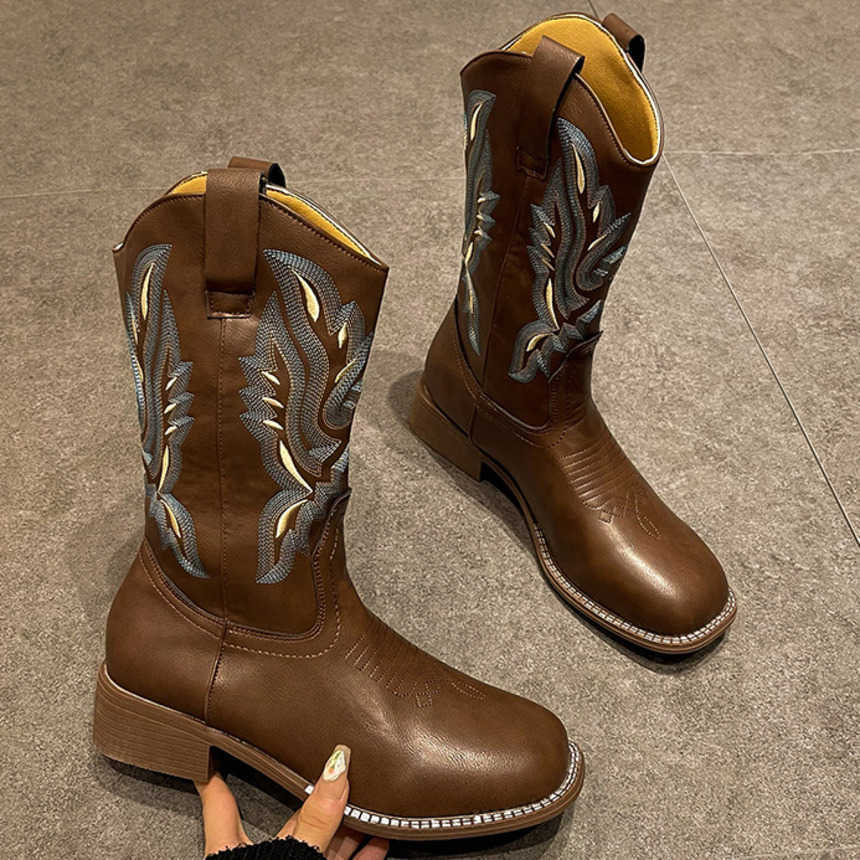 Fashion Boots Versatile Western Cowboy Boots Summer Thick Heel Ankle Boots Embroidered Sleeve Knight Boots Midsole Square Toe Martin Boots 241008