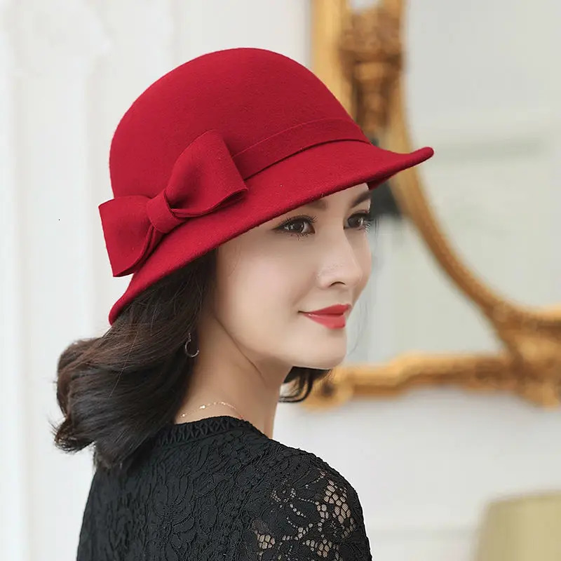 Mothers Gift Womens Winter 100% Wool Felt Cloche Hat Womens Elegant Glazed Bow Fedora Hat 241019