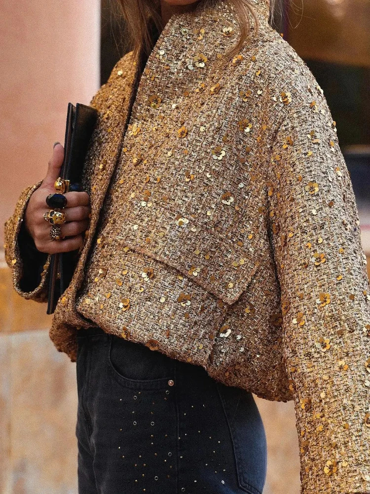 ZBZA Womens Sequined Bomber Jacket Fall Round Neck Long Sleeve Pocket Stretch Hem Sequins Coat Female Chic Outerwear 241009