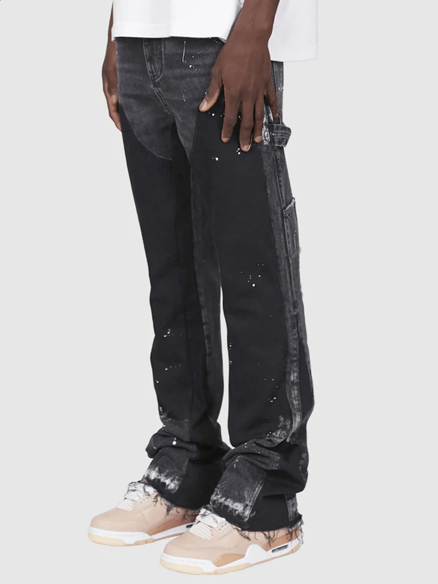 Men Micro Flare Jeans Fashion Ink-Splatter Patchwork Denim Pants Spring Summer Casual Trousers with Pockets 241009