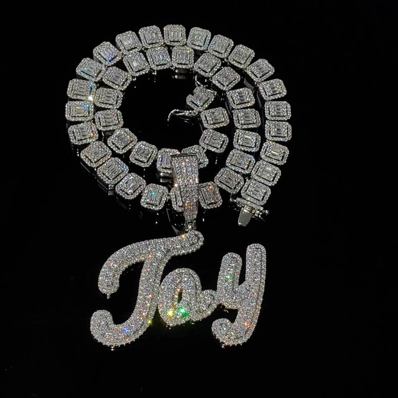 Grandbling Brush Cursive Letter Customized Name Necklace With Baguettes Chain With CZ Personalized Hip HOP Jewelry 241019