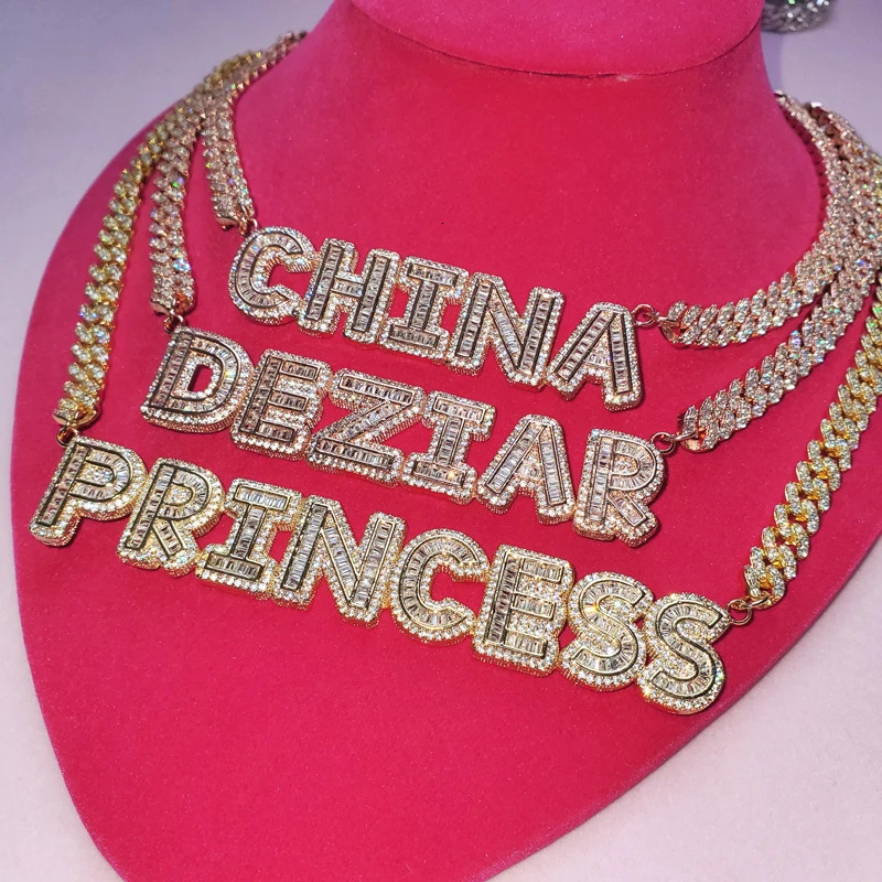 Custom Name Necklace Small Baguette Letter Customized Pendant With 9mm Cuban Chain Name Full Iced Out Zircon Pendant Gift 241019