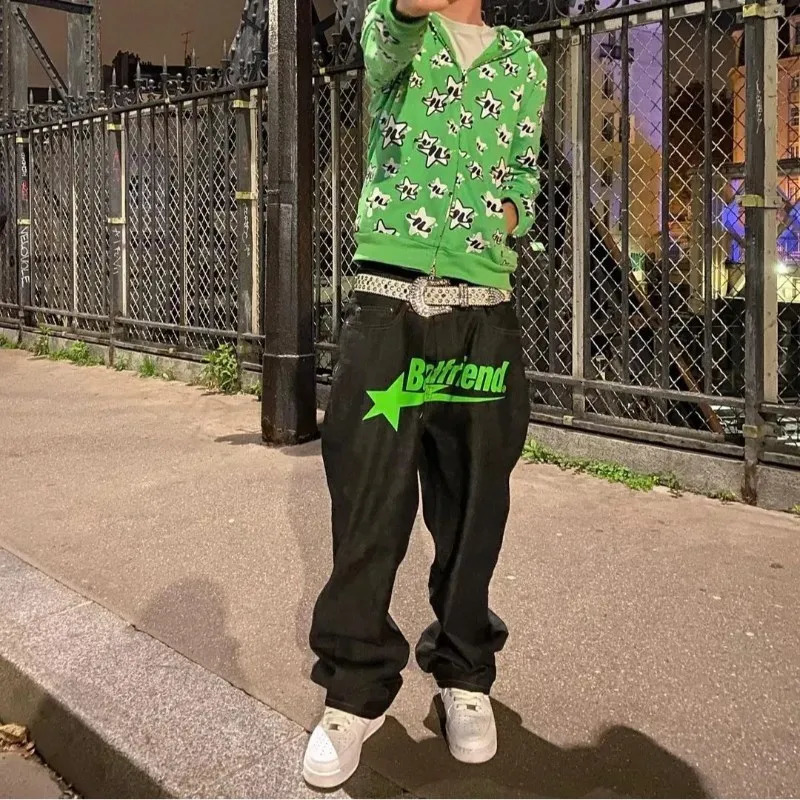 Y2k jeans mens hip-hop girlfriend letter printed pocket pants denim Harajuku fashion punk straight Trouser unisex streetwear 241019