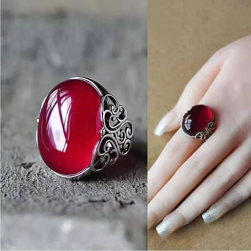 Wus Red Agate Chalcedony Ancient Silver Color Open Ring Female Crown Hollow Butterfly Adjustable 241010