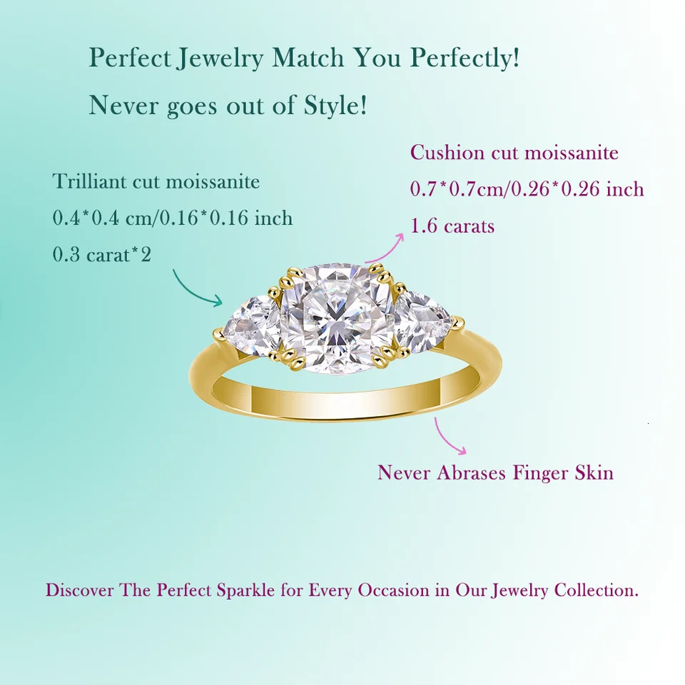 22cttw 3Stone Ring CushionCut Center Stone with Triangular Side Stones S925 Sterling Silver GoldPlated 241010